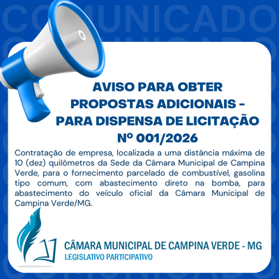 AVISO PARA OBTER PROPOSTAS ADICIONAIS - PARA DISPENSA DE LICITAÇÃO nº 001/2026
