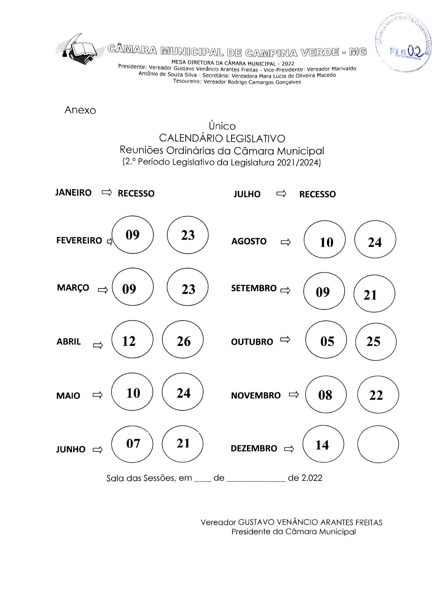 Calendário Legislativo 2022