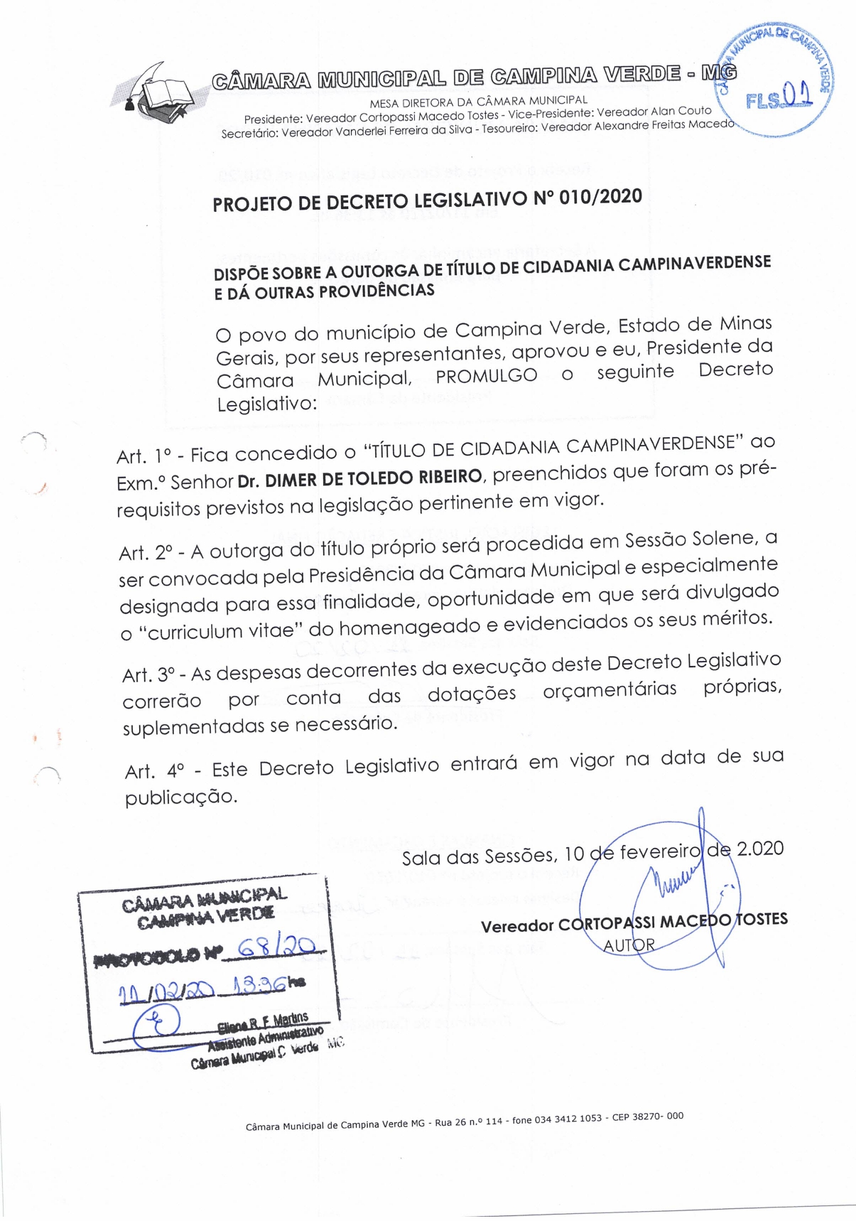 Decreto 010/2020 - “Título de cidadania Campinaverdense”