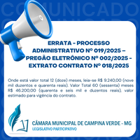 Errata - Processo Administrativo Nº 019/2025 – Pregão Eletrônico nº 002/2025 - Extrato Contrato nº 018/2025
