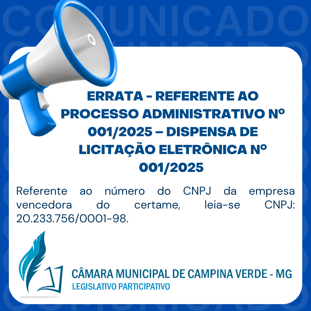 Errata - Referente ao Processo Administrativo nº 001/2025 – Dispensa de Licitação eletrônica nº 001/2025