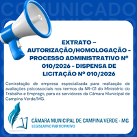 EXTRATO – AUTORIZAÇÃO/HOMOLOGAÇÃO - PROCESSO ADMINISTRATIVO Nº. 010/2026 - DISPENSA DE LICITAÇÃO Nº. 010/2026