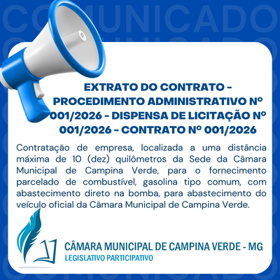 EXTRATO DO CONTRATO - PROCEDIMENTO ADMINISTRATIVO Nº 001/2026 - DISPENSA DE LICITAÇÃO Nº 001/2026 - CONTRATO Nº 001/2026