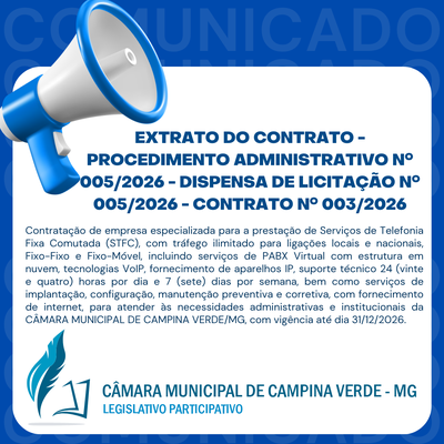 EXTRATO DO CONTRATO - PROCEDIMENTO ADMINISTRATIVO Nº 005/2026 - DISPENSA DE LICITAÇÃO Nº 005/2026 - CONTRATO Nº 003/2026