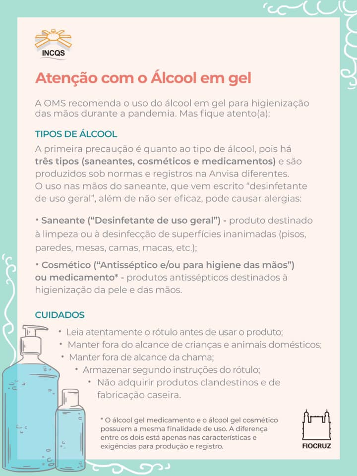 Fundação Oswaldo Cruz (Fiocruz) - Álcool em gel cuidados