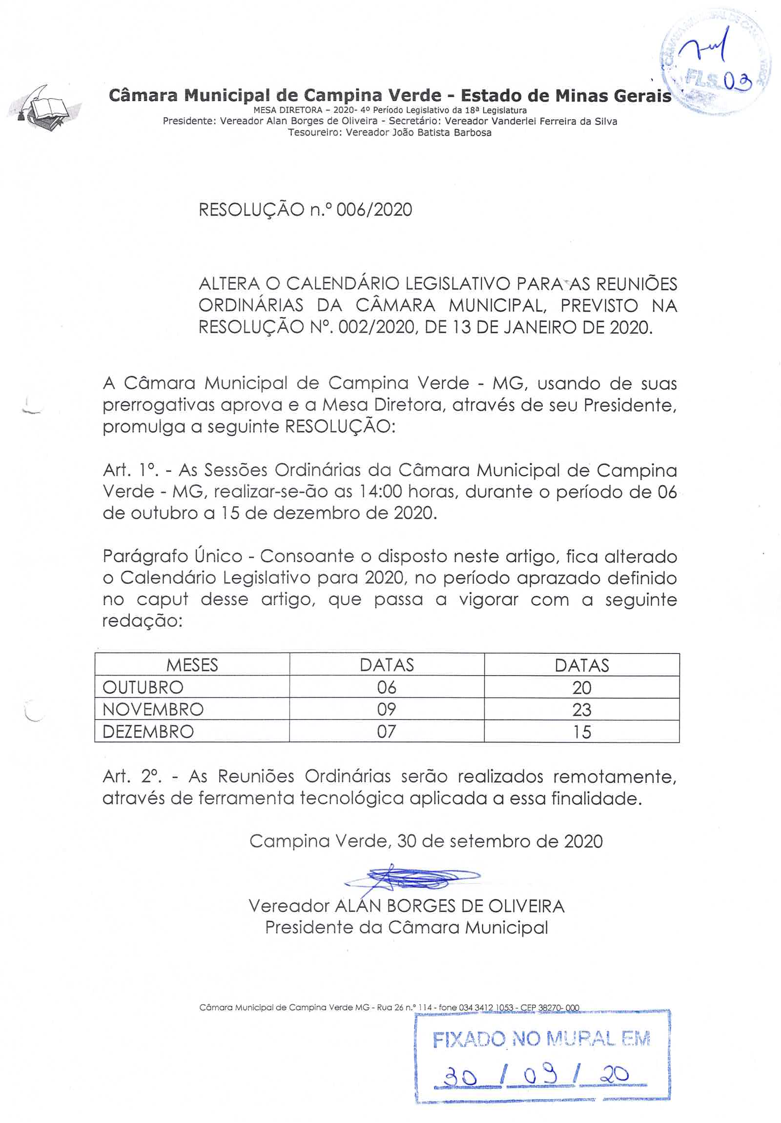 Resolução 006/2020 - Novo Calendário Legislativo