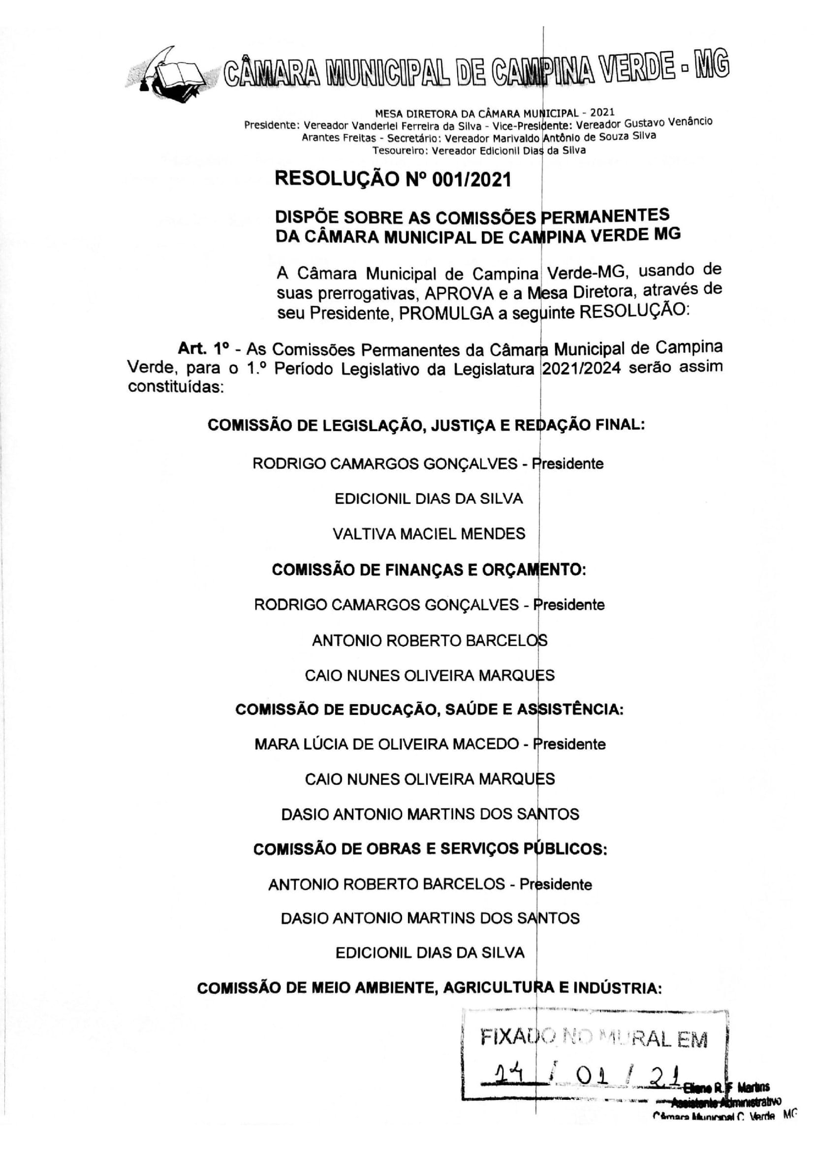 RESOLUÇÃO Nº 001/2021  DISPÕE SOBRE AS COMISSÕES PERMANENTES DA CÂMARA MUNICIPAL DE CAMPINA VERDE MG