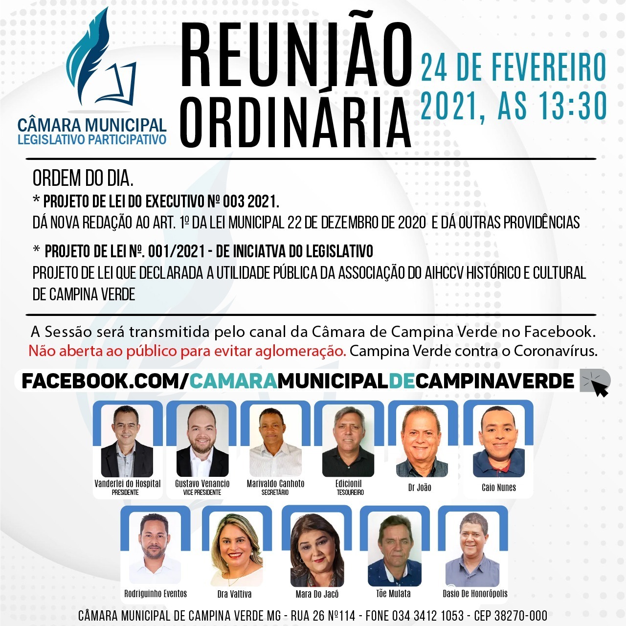 Convite Reunião Ordinária - 24 de Fevereiro 2021 as 13:30